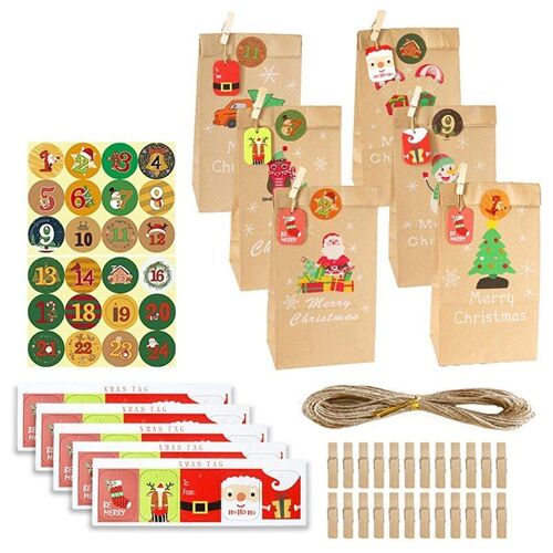 Ensemble de sacs de calendrier de l'avent de noël 24 jours, sacoches Kraft pour décorations de noël (multicolores)
