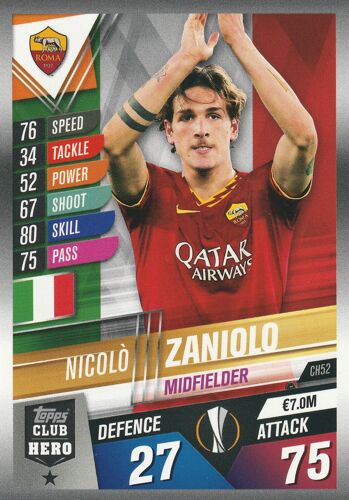 Ch 52 - Carte Topps - Foot Match Attax 101 - Uefa Champions League 2019 / 2020 - Nicolo Zaniolo - As Rome