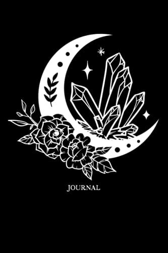 Journal - Crescent Moon With Crystals And Flowers: College Ruled 120 Pages (Celestial Series Black And White Premium Matte Cover)