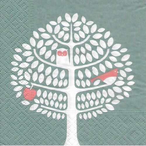 serviette en papier motif Arbre, chouette, oiseau et pomme sur fond vert / 12,5*12,5