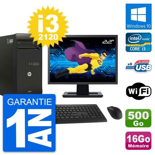 PC Tour HP Pro 3400 MT Ecran 22" i3-2120 RAM 16Go Disque 500Go Windows 10 Wifi