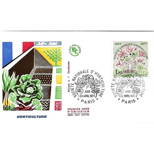 France 1977, Belle Enveloppe 1er Jour Neuve**, Timbre Yvert 1930, 150 Ans De La Société Nationale D'horticulture, Belle Illustration Couleur Relief.