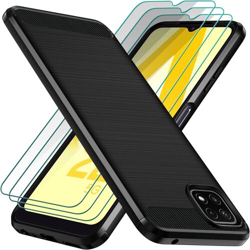 Coque pour Samsung Galaxy A22 5G avec 3 Pièces Protection écran en Verre Trempé, Fibre de Carbone Souple TPU Housse Etui de Protection en Silicone Antichoc - Noir