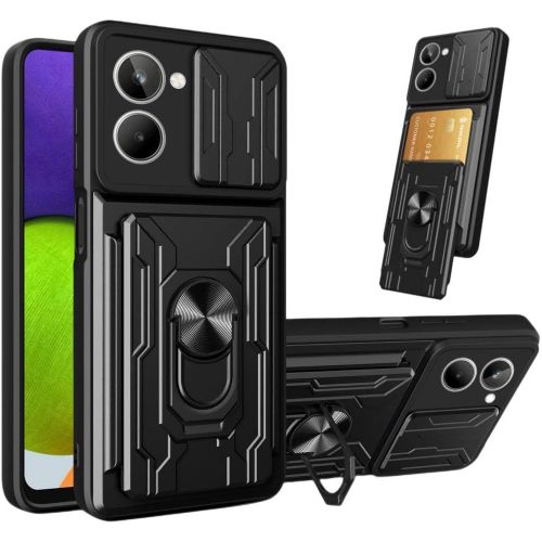 Coque Pour Oppo Realme 10 4g (6.4""), Camera Protection Glissante Etui Avec Carte Fente Anneau Support Militaire Renforcee Rigide Pc Et Tpu Silicone Bumper Housse Antichoc \U2013 Noir