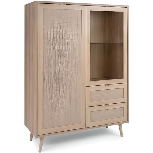 Vitrine 2 Portes 2 Tiroirs - Décor Chêne Sonoma - L 101,4 X P 40 X H 139 Cm - Bali