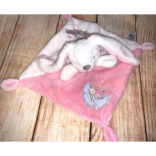 Doudou Lapin Blanc Rose Plat Nicotoy Lune Bleue Etoiles Peluche Jouet Naissance Bebe
