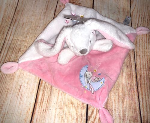 Doudou Lapin Blanc Rose Plat Nicotoy Lune Bleue Etoiles Peluche Jouet Naissance Bebe