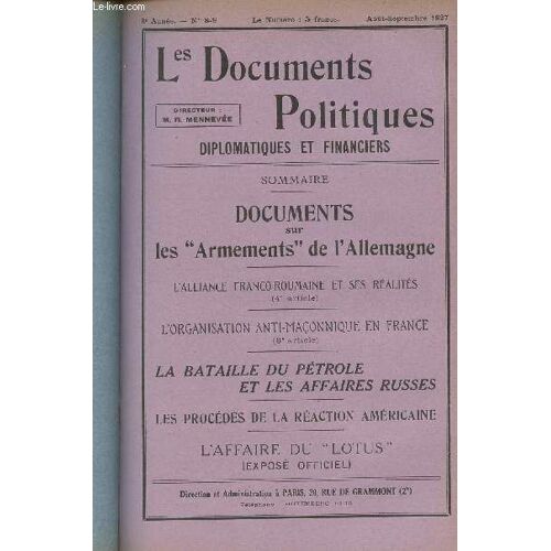 Les Documents Politiques, Diplomatiques Et Financiers, Revue Mensuelle D Informations Et De Documentation Internationales - 8e Année, N°8-9 Août Sept. 1927 -