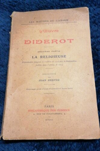L Oeuvre De Diderot. Deuxième Partie. La Religieuse. Collection Les Maîtres De L Amour