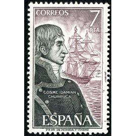 Timbre Oblitéré Espana, Cosme Damian Churruca, Correos, 7 Pta