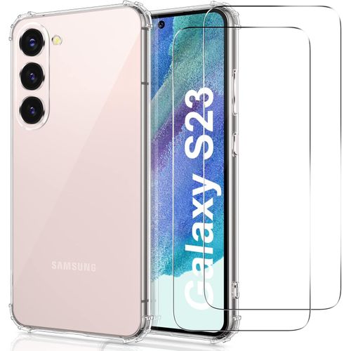 Coque Pour Samsung Galaxy S23 5g Avec 2 Pièces Protection Écran En Verre Trempé, Coque Samsung S23 5g Transparent, Anti-Jaune Étui De Mince Souple Tpu Silicone Antichoc Housse Pour Samsung S23