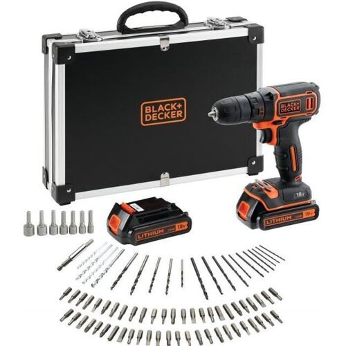 Black & Decker Perceuse-visseuse sans fil Lithium Ion BDCDC18BAFC 18V avec 2 batteries et 80 accessoires