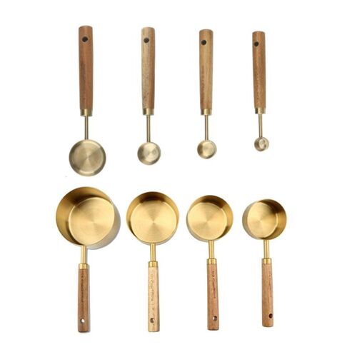 Cuillères À Mesurer En Acier Inoxydable, 8 Pièces, Tasses, Manche En Bois, Outils De Cuisson De Cuisine
