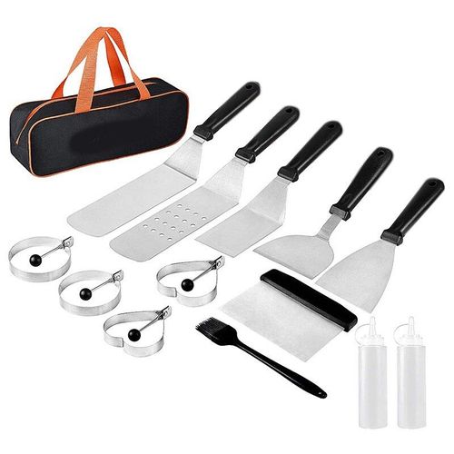 Accessoires De Grill, 14 Pièces, Accessoires De Gril Plat De Qualité Restaurant, Avec Spatules, Grattoir Et Sac De Transport