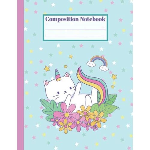 Composition Notebook: College Ruled 8.5 X 11 In, Soft Cover, 150 Pages/ 75 Sheets, 1 Subject Notebook, Cute Unicorn Cat Rainbow Design Cover