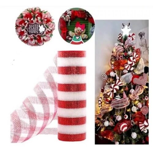 Ruban Sapin de Noël en Maille rayure Rouge Blanc,  9,1 mètres, 26cm de largeur