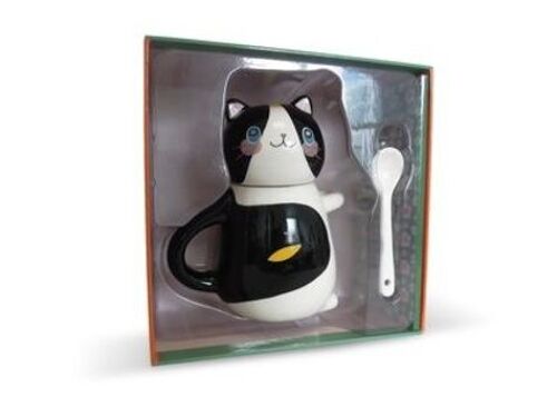 Coffret La Pause Kawaii - Avec 1 Mug Chat Et Sa Cuillère, Et 1 Livre De 50 Recettes De Boissons Chaudes Et Petits Gâteaux