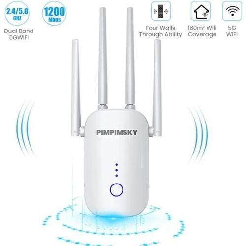 PIMPIMSKY Répéteur WiFi Puissant 1200Mbps Amplificateur WiFi 5.8GHz 2.4GHz Extender Double Bande WiFi Range Booster 1 Port