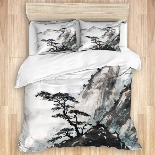Parure De Lit Adulte,Paysage Chinois Japonais Peinture Encre De Chine Montagne Arbre Jardin, Housse De Couette Xcm+ Taies D'oreillers Xcm
