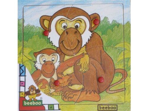 Puzzle A Encastrer - Singe - 4 Pieces - Puzzle Bouton En Bois - Animaux