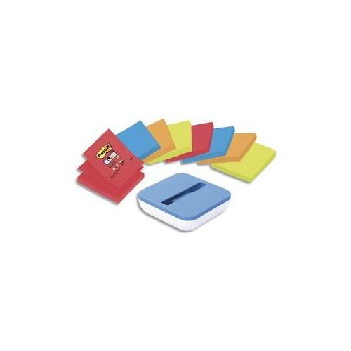 Post-It 8 Blocs Z-Notes Super Sticky Couleurs 76x76mm + Dévidoir Box Bleu Offert