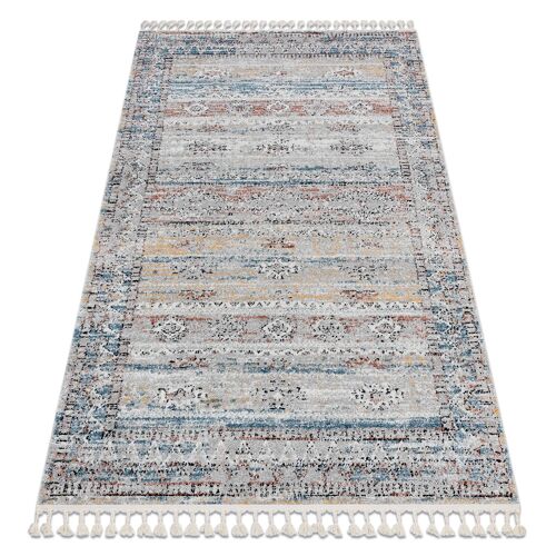 160x220 Cm Tapis Moderne Belle Bn25a Beige Et Bleu Franges
