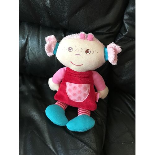 Peluche Doudou Poupée Fille Haba Robe Rouge Poche Cheveux Rose 24 Cm