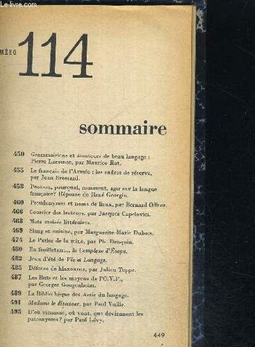 Vie Et Langage N°114 - Mensuel - Grammairiens Et Amateurs De Beau Langage Pierre Larousse Par Maurice Rat / Peut On, Pourquoi , Comment, Agir Sur La Langue Française? Réponse De René Georgin ...