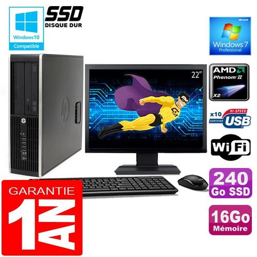PC HP Compaq 6005 Pro SFF AMD Phenom II Ram 16Go Disque 240Go SSD Wifi Ecran 22"