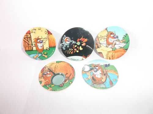 Lot De 5 Pogs « Avimage » Avec Maître Coq - Années 1990