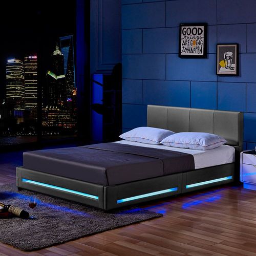 Home Deluxe Lit Rembourré 'asteroid' -Taille: 160 X 200 Cm - Couleur: Gris Foncé- Éclairage Led Inclus I Lit Avec Led, Sommier À Lattes, Lit En Similicuir, Lit Capitonné À Led, Matelas