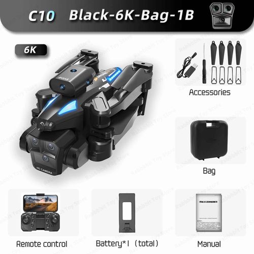 Drone C10 Max 6000m Gps Rc Hd,Flux Optique,Positionnement,Évitement D'obstacles,Geste,Photographie,Pliable,Quadrirotor,Jouet,Cadeaux - Type Black-6k-Bag-1b #B-Generique