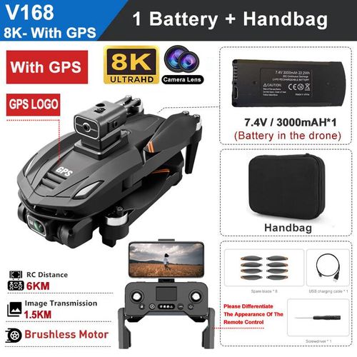 V168 Mini Drone Professionnel 8k Hd Double Caméra Gps Rc Lens Fpv Grand Angle Caméra Quatre Façons Déviter Les Obstacles Positionnement Optique Hoverair De Haute Qualité Dron - Type [V168]-8k-Gp-Generique