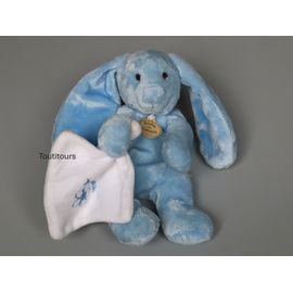 Doudou lapin bleu mouchoir blanc Doudou et Compagnie