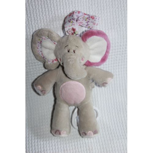 Doudou Peluche Noukies Noukie's Kali Elephant Gris Musical Rose 23 Cm