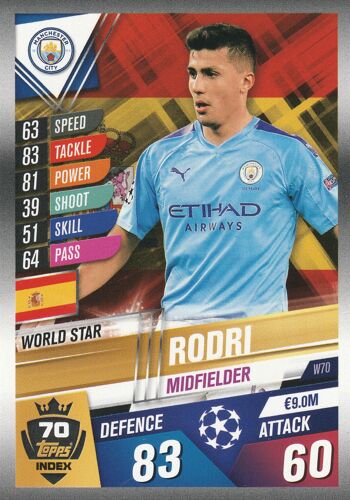 W 70 - Carte Topps - Foot Match Attax 101 - Uefa Champions League 2019 / 2020 - Rodri - Manchester City