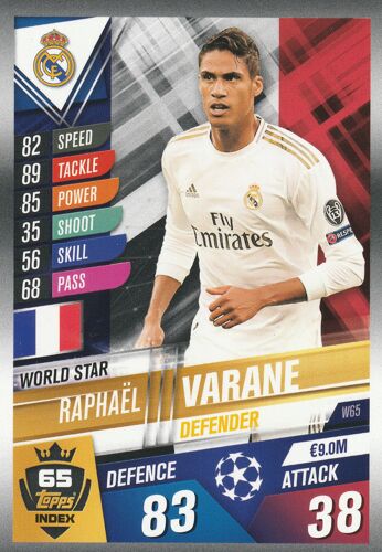 W 65 - Carte Topps - Foot Match Attax 101 - Uefa Champions League 2019 / 2020 - Raphael Varane - Real Madrid