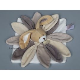 Doudou lapin plat pétales beige gris blanc Doudou et Compagnie