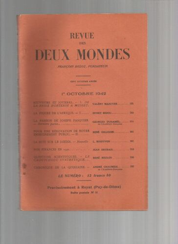 Revue Des Deux Mondes, 1er Octobre 1942  N° 19 : De La Reine Hortense À Musset