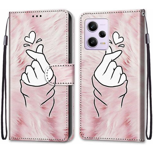 Coque Pour Xiaomi Redmi Note 12 Pro 5g, Etui En Cuir Pu Portefeuille Housse Coque Avec 360 Degres Silicone Protection Cover Cuir Pochette Magnetique Und Flip Bequille (Doigt Coeur)