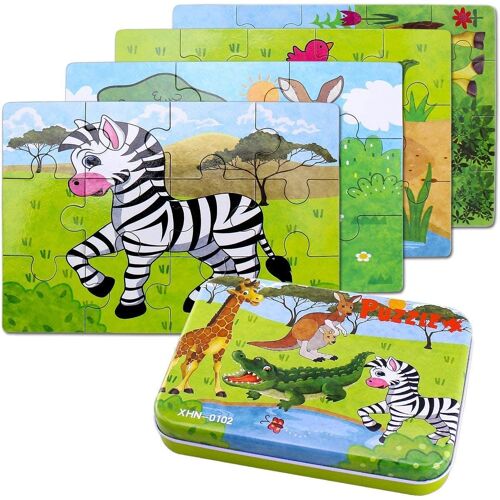 Jouet Puzzle en Bois pour Enfants,Cadeau de puzzle de boîte de fer quatre-en-un jouets,4 Niveaux de Difficulté Différents