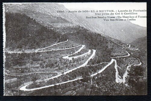 Carte Postale Ancienne, France, Alpes Maritimes ( 06 ), Route De Sospel À Menton, Lacets De Fontanin, Vue Prise Du Col À Castillon