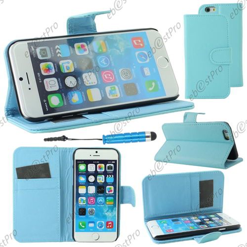 Ebeststar ® Housse Coque Etui Portefeuille Support Folio Simi Cuir Pour Apple Iphone 6 Écran 4,7", Couleur Bleu + Mini Stylet + 1 Film Protection D'écran + Lingette