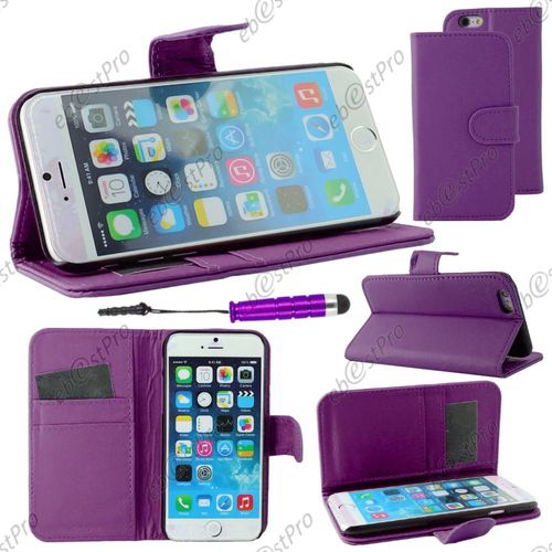 Ebeststar ® Housse Coque Etui Portefeuille Support Folio Simi Cuir Pour Apple Iphone 6 Écran 4,7", Couleur Violet + Mini Stylet + 1 Film Protection D'écran + Lingette