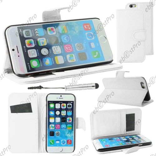 Ebeststar ® Housse Coque Etui Portefeuille Support Folio Simi Cuir Pour Apple Iphone 6 Écran 4,7", Couleur Blanc + Mini Stylet + 1 Film Protection D'écran + Lingette