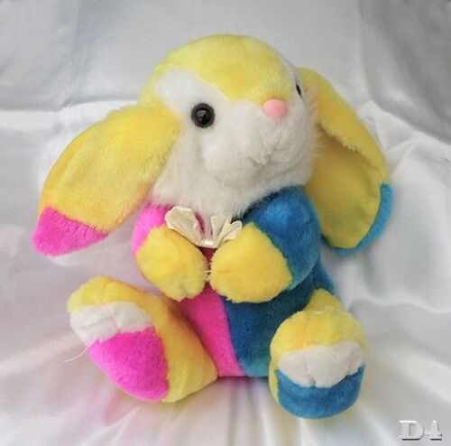 Doudou Peluche Lapin Assis Jaune Rose Bleu Noeud Papillon Pailleté Vintage