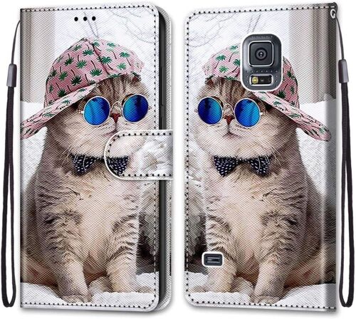 Etui En Pu 360 Protection Full Cuir Pour Samsung Galaxy S5 Coque Flip Case Housse ¿¿ Rabat Portefeuille ¿¿Tui Et Silicone Interne Cover Anti Choc Poche Motif Chat ¿¿ Lunettes Bleu Protection