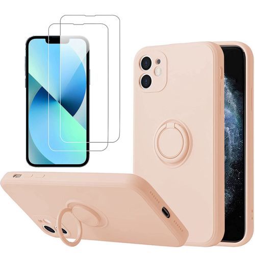 Coque Silicone Pour Iphone 12 Couleur Rose Avec Anneau Support + 2 Verres Trempe Protection Ecran Little Boutik®