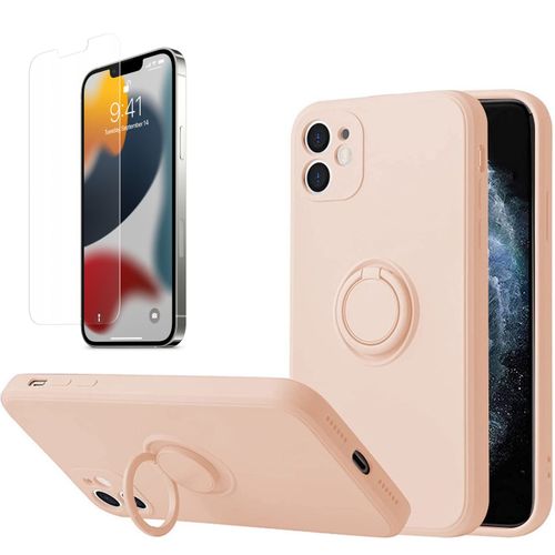 Coque Silicone Pour Iphone 12 Couleur Rose Avec Anneau Support + Verre Trempe Protection Ecran Little Boutik®