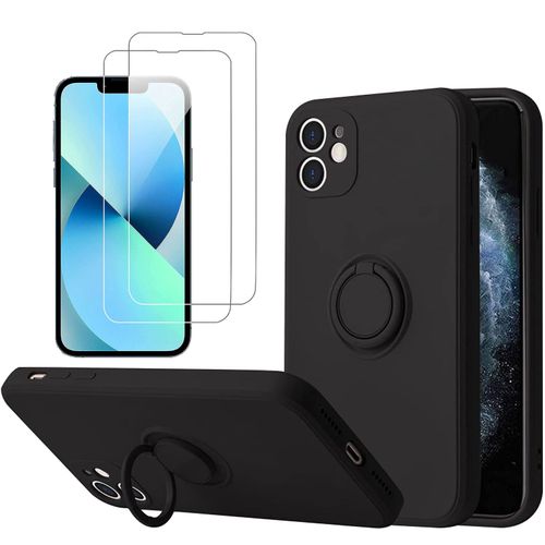 Coque Silicone Pour Iphone 11 Couleur Noir Avec Anneau Support + 2 Verres Trempe Protection Ecran Little Boutik®